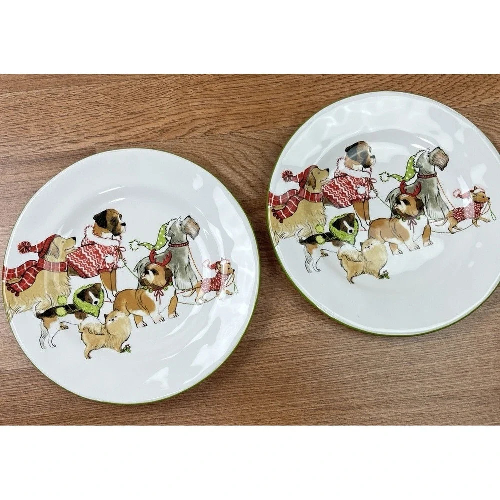 Pier 1 Park Avenue Puppies Dogs Salad Dessert Plates, Set of 2, Christmas Winter
